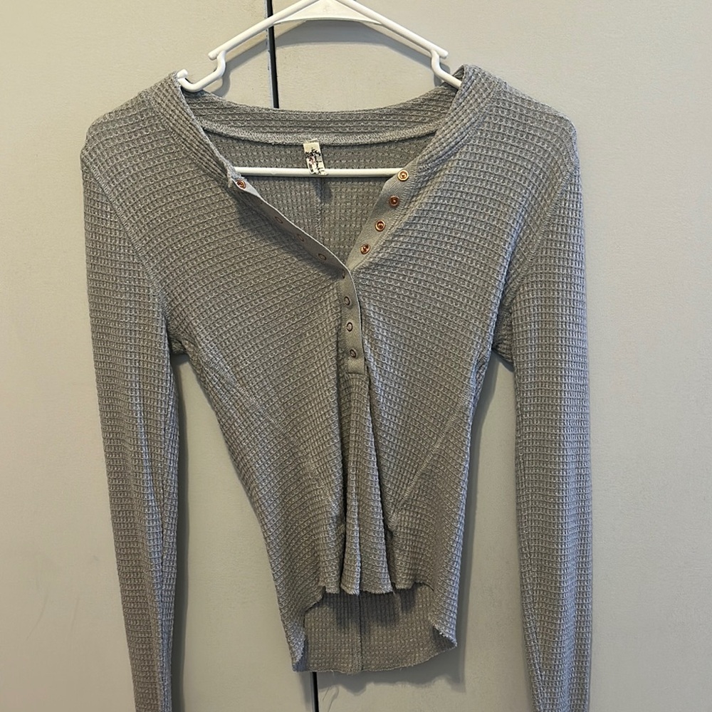Gray Waffle Knit Button-Up Top